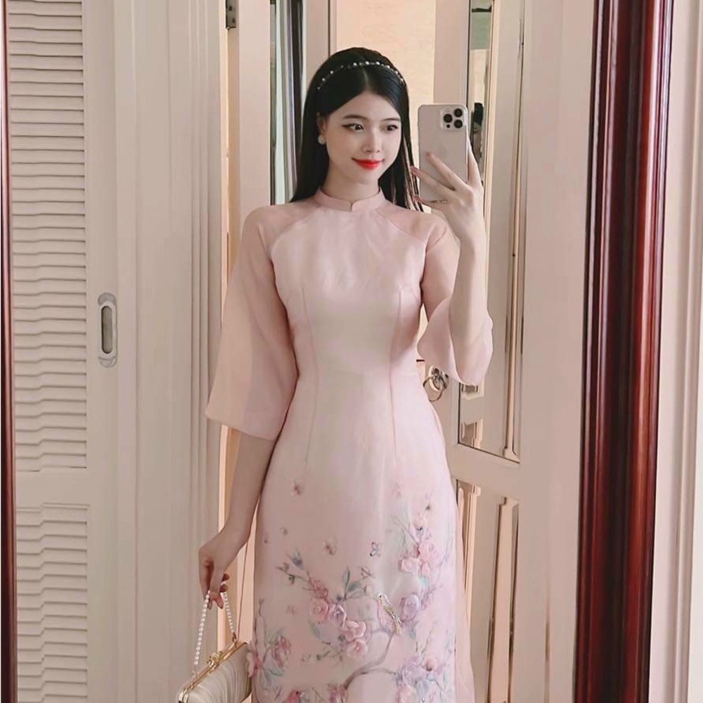 Soft silk Vietnamese traditional dress with 3D designs -included pants